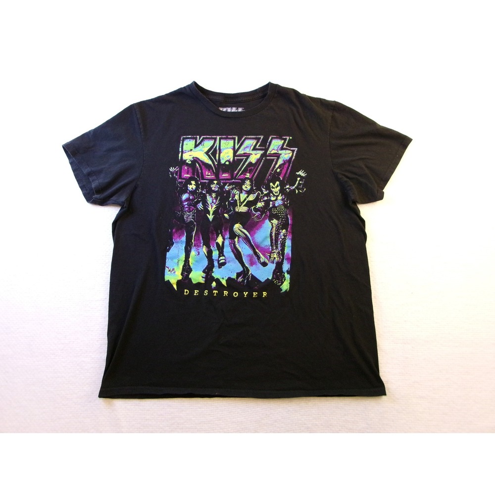 KISS Destroyer Graphic T-Shirt Mens L Black Neon Band Tee Mad Engine Distressed